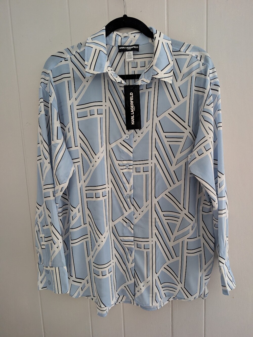 NWT Karl Lagerfeld Paris Light Blue and White Geometric Button-Down Shirt